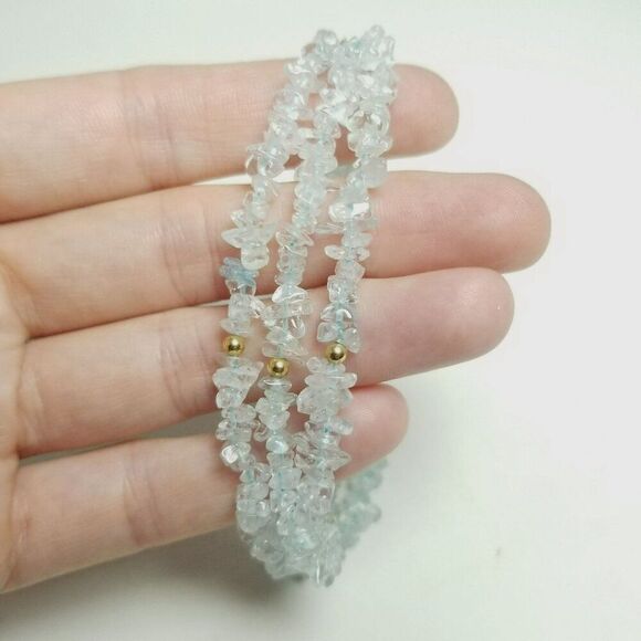 Vintage 14k Clasp Three Strand Light Blue Chip Stone Beaded Bracelet, Estate - Picture 6 of 6